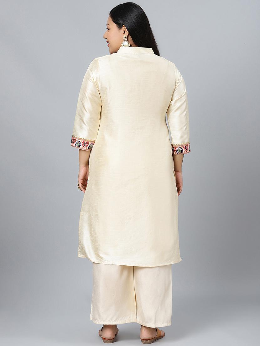 cream art silk kurta palazzo set - 17594657 - Standard Image - 3