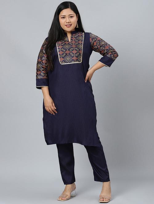 navy art silk kurta pant  set - 17594668 -  Standard Image - 0