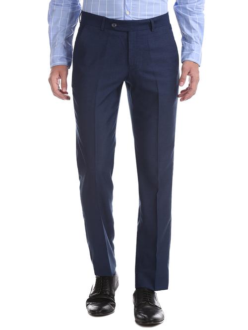 navy blue textured flat front formal trouser - 17597766 - Standard Image - 0