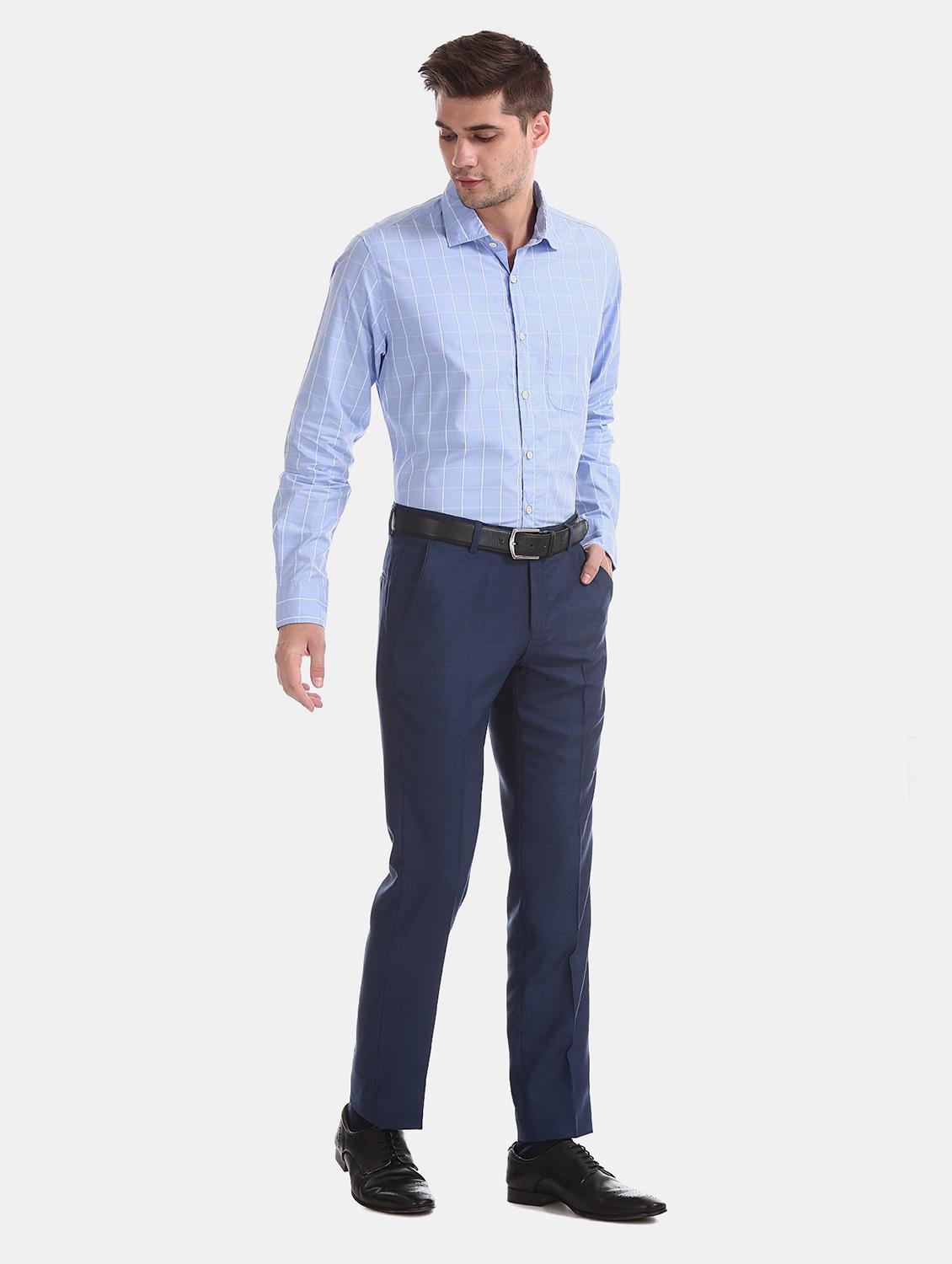 navy blue textured flat front formal trouser - 17597766 - Standard Image - 3