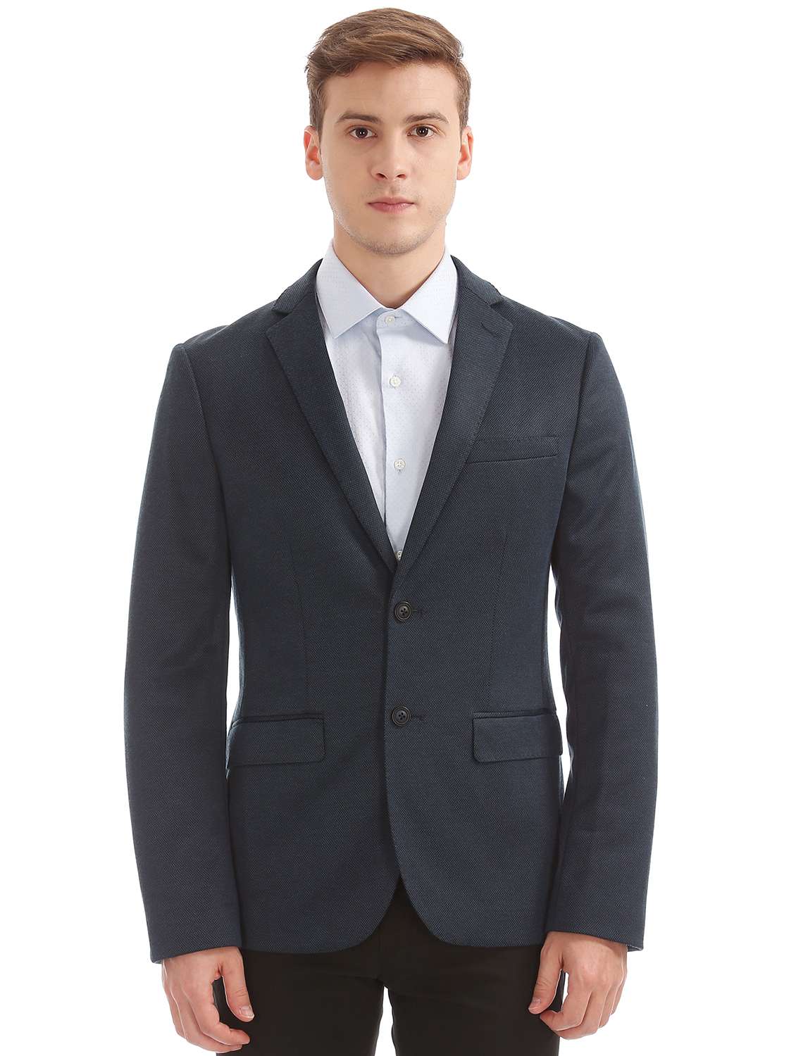 navy blue solid single breasted formal blazer