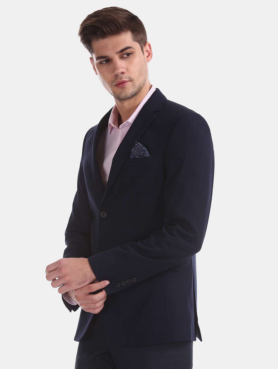 navy blue checkered single breasted formal blazer