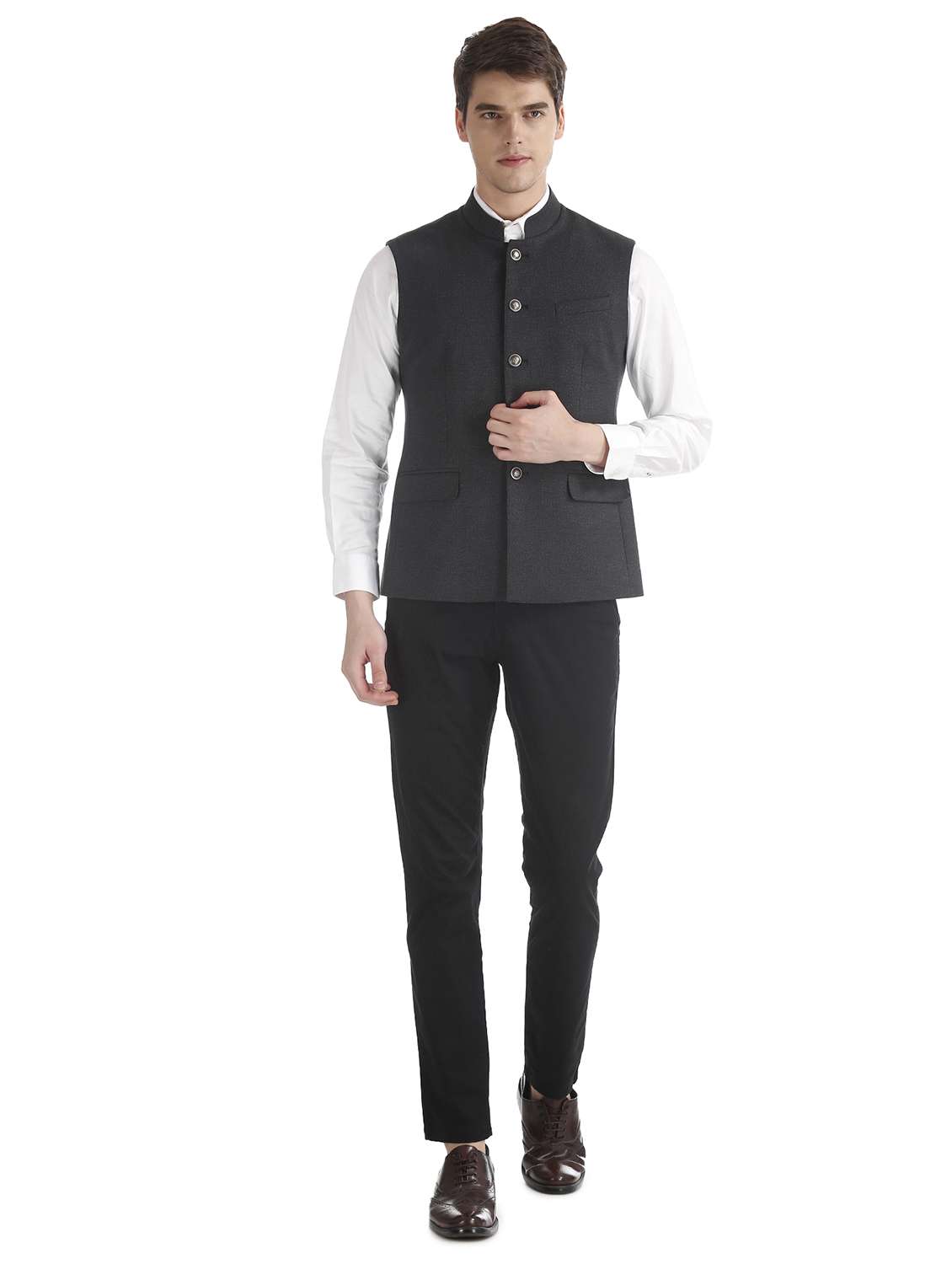grey solid nehru jacket - 17597870 -  Standard Image - 3