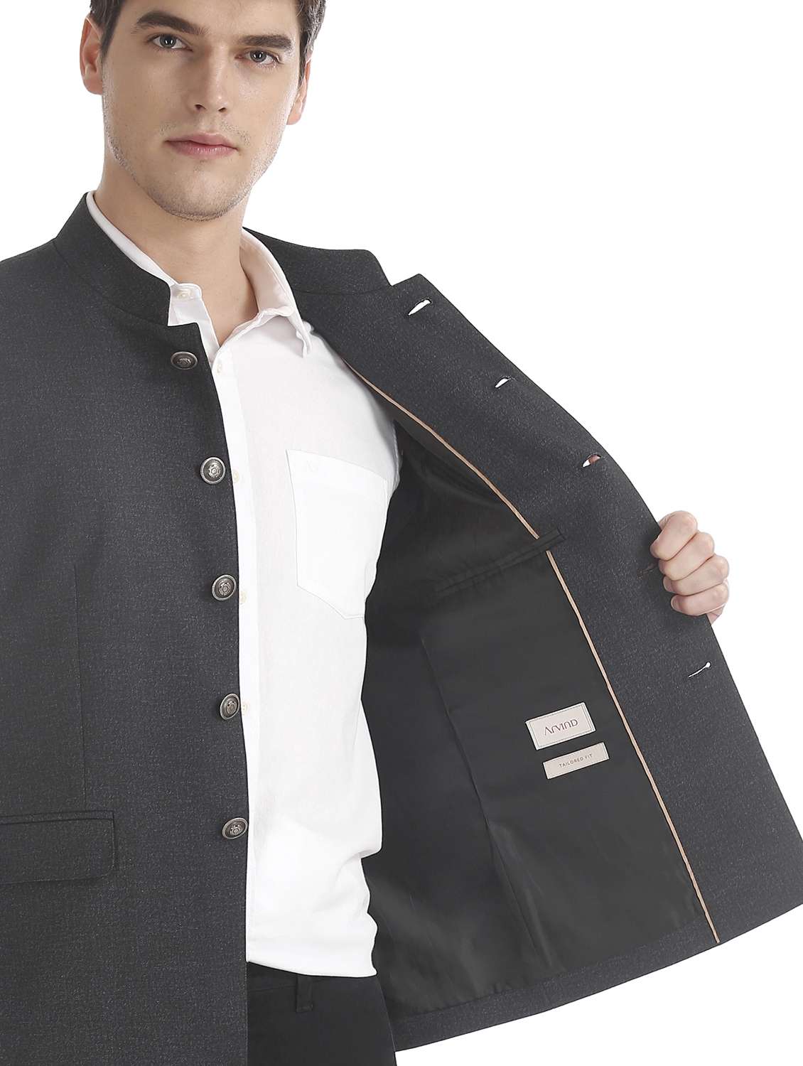 grey solid nehru jacket - 17597870 -  Standard Image - 5