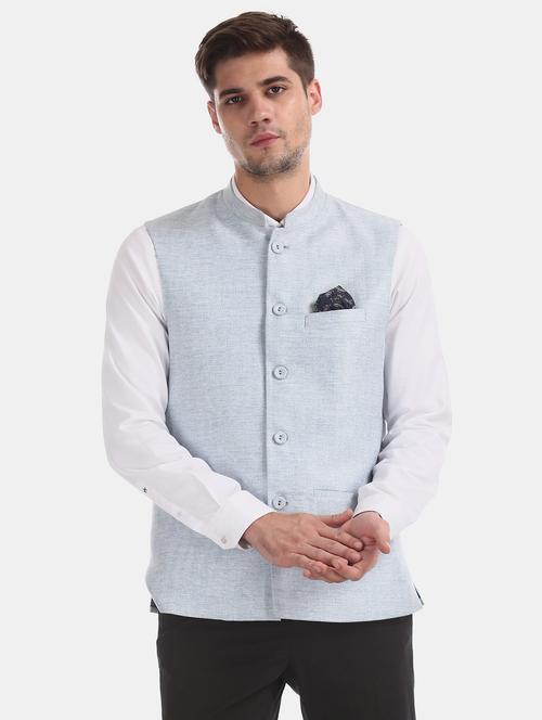 light blue solid nehru jacket - 17597873 - Standard Image - 0