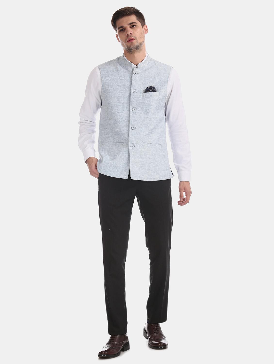 light blue solid nehru jacket - 17597873 - Standard Image - 3