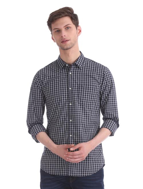 navy blue checkered casual shirt - 17597943 - Standard Image - 0