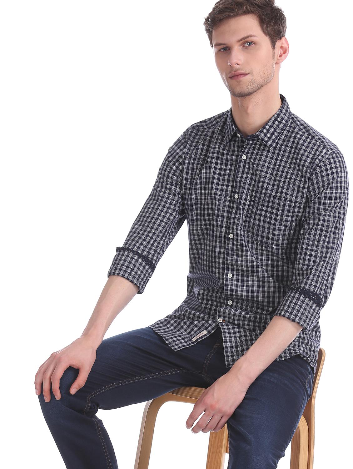 navy blue checkered casual shirt - 17597943 - Standard Image - 3