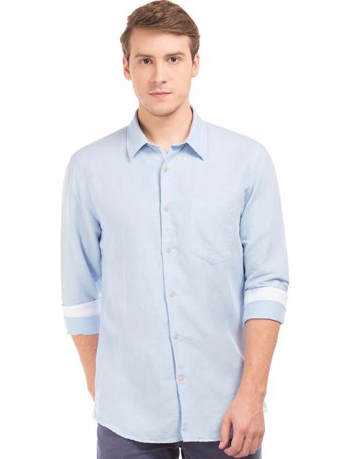 light blue solid linen casual shirt - 17598025 - Standard Image - 0