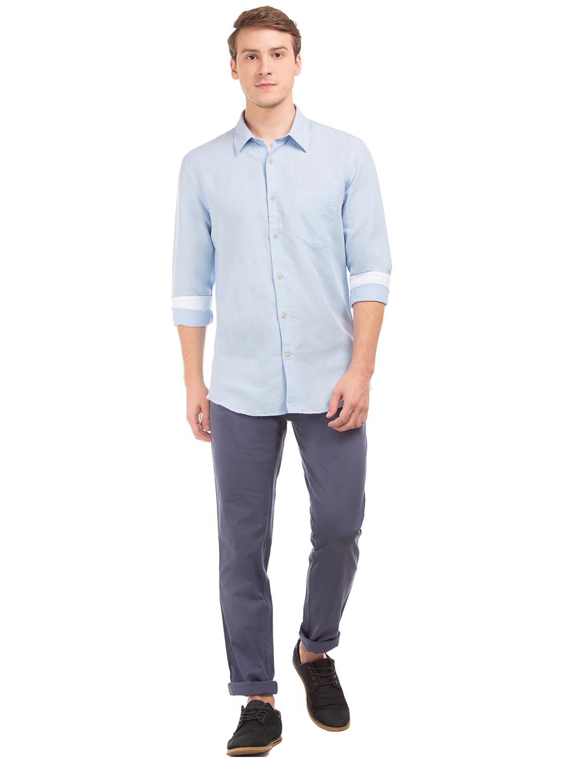 light blue solid linen casual shirt - 17598025 - Standard Image - 3