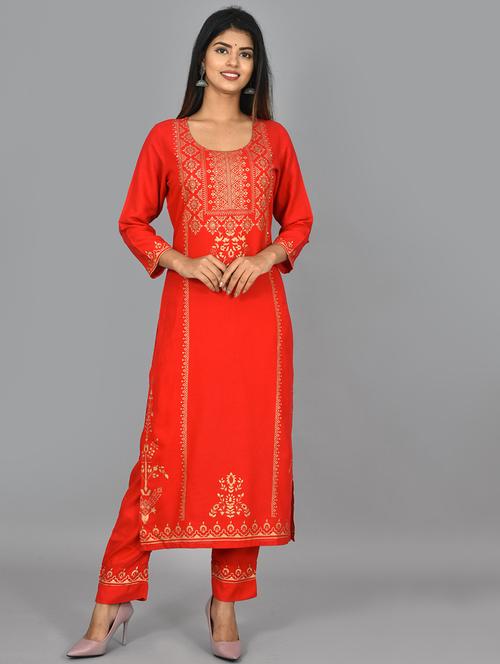 red rayon kurta pant set - 17602173 - Standard Image - 0