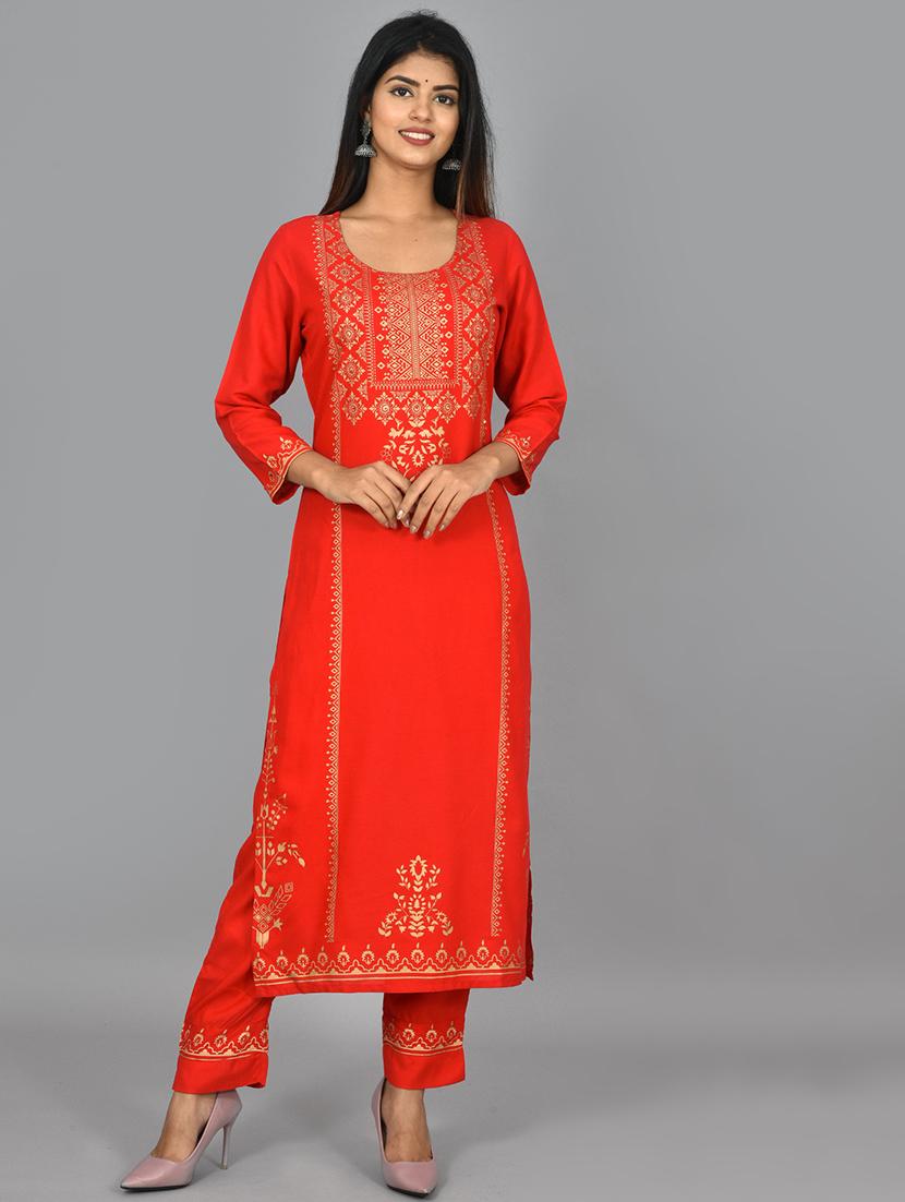 red rayon kurta pant set - 17602173 - Zoom Image - 0
