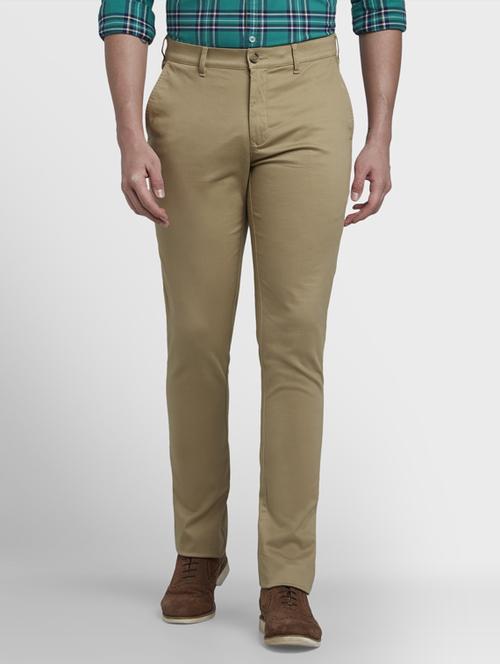 khaki solid flat front casual trouser - 17605060 - Standard Image - 0