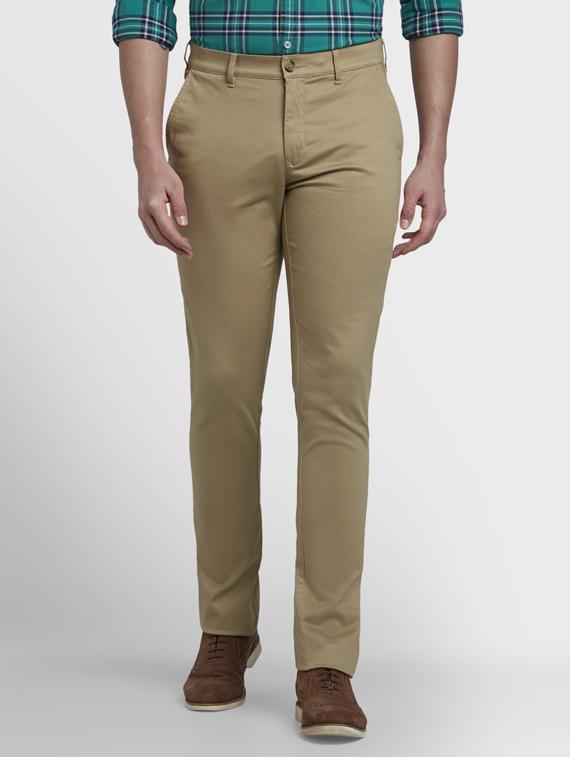 khaki solid flat front casual trouser - 17605060 - Zoom Image - 0