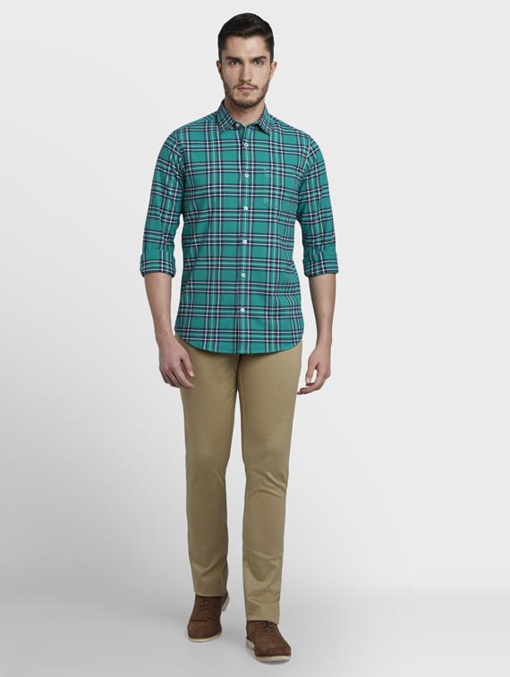 khaki solid flat front casual trouser - 17605060 - Standard Image - 3