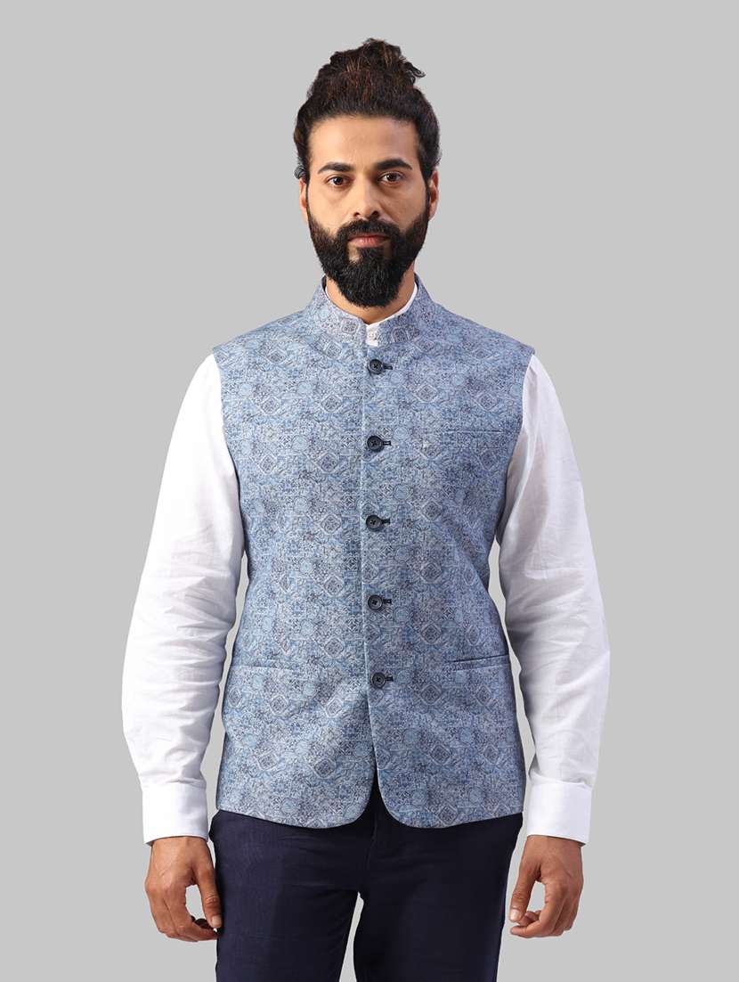 blue printed nehru jacket