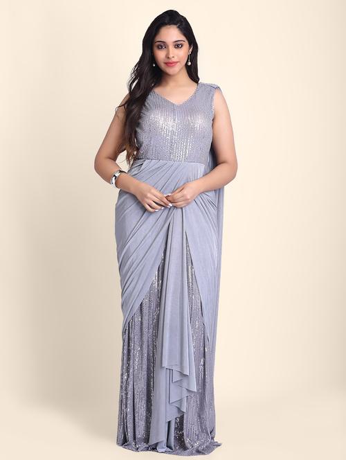 women's solid with work pearl grey colored saree - 17607780 -  Standard Image - 0