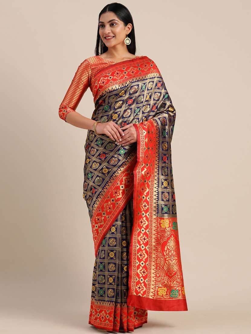 women's self design navy blue colored saree with blouse