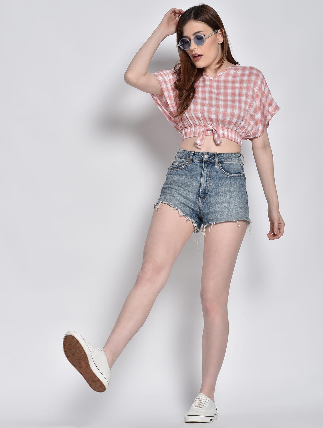 tie front checkered crop top - 17619890 - Standard Image - 3