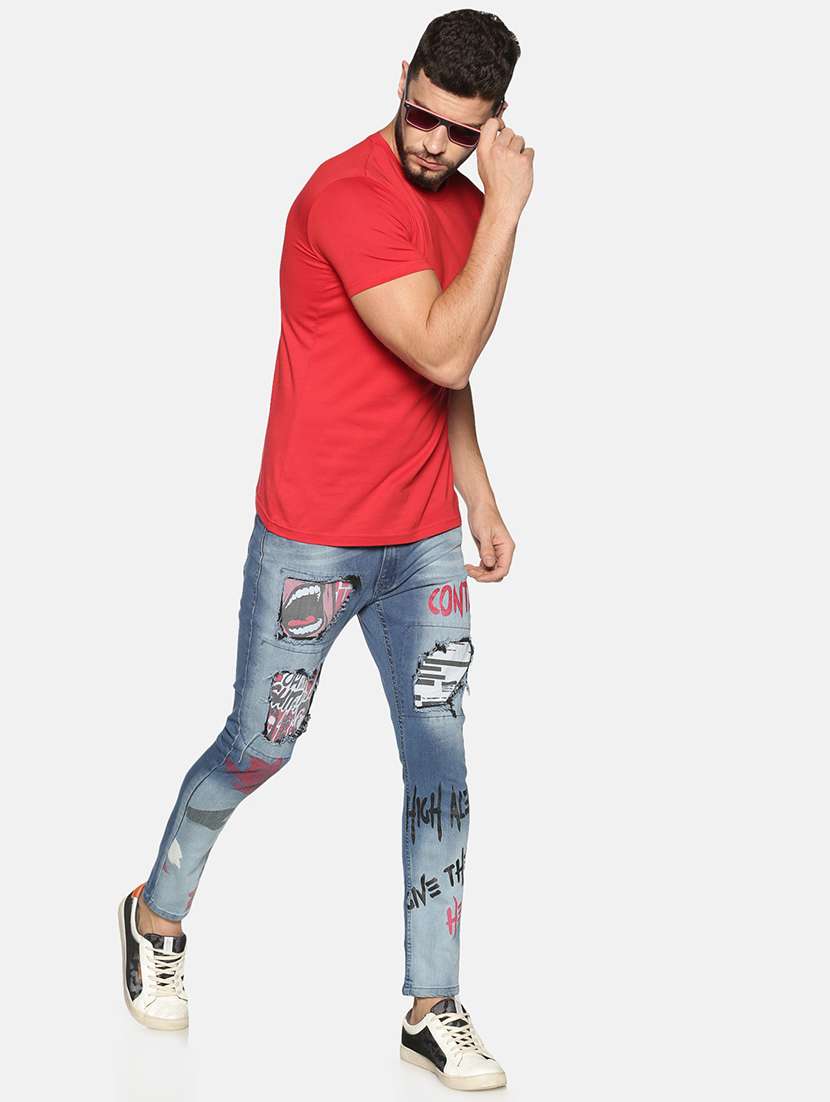 blue heavy washed printed denim jeans - 17619941 - Standard Image - 3