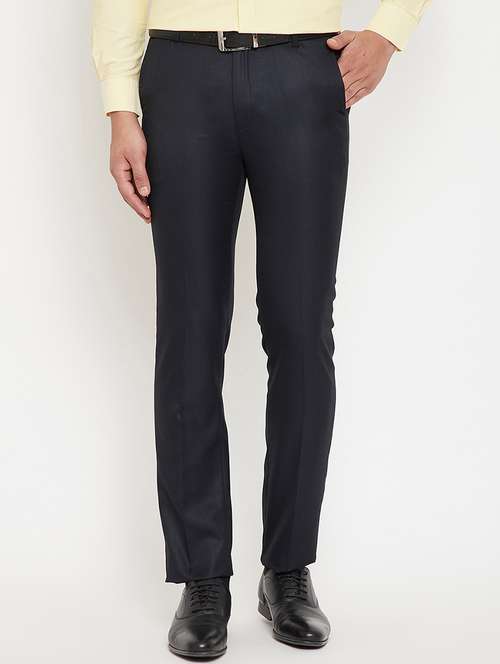 navy blue solid flat front formal trousers - 17623965 - Standard Image - 0