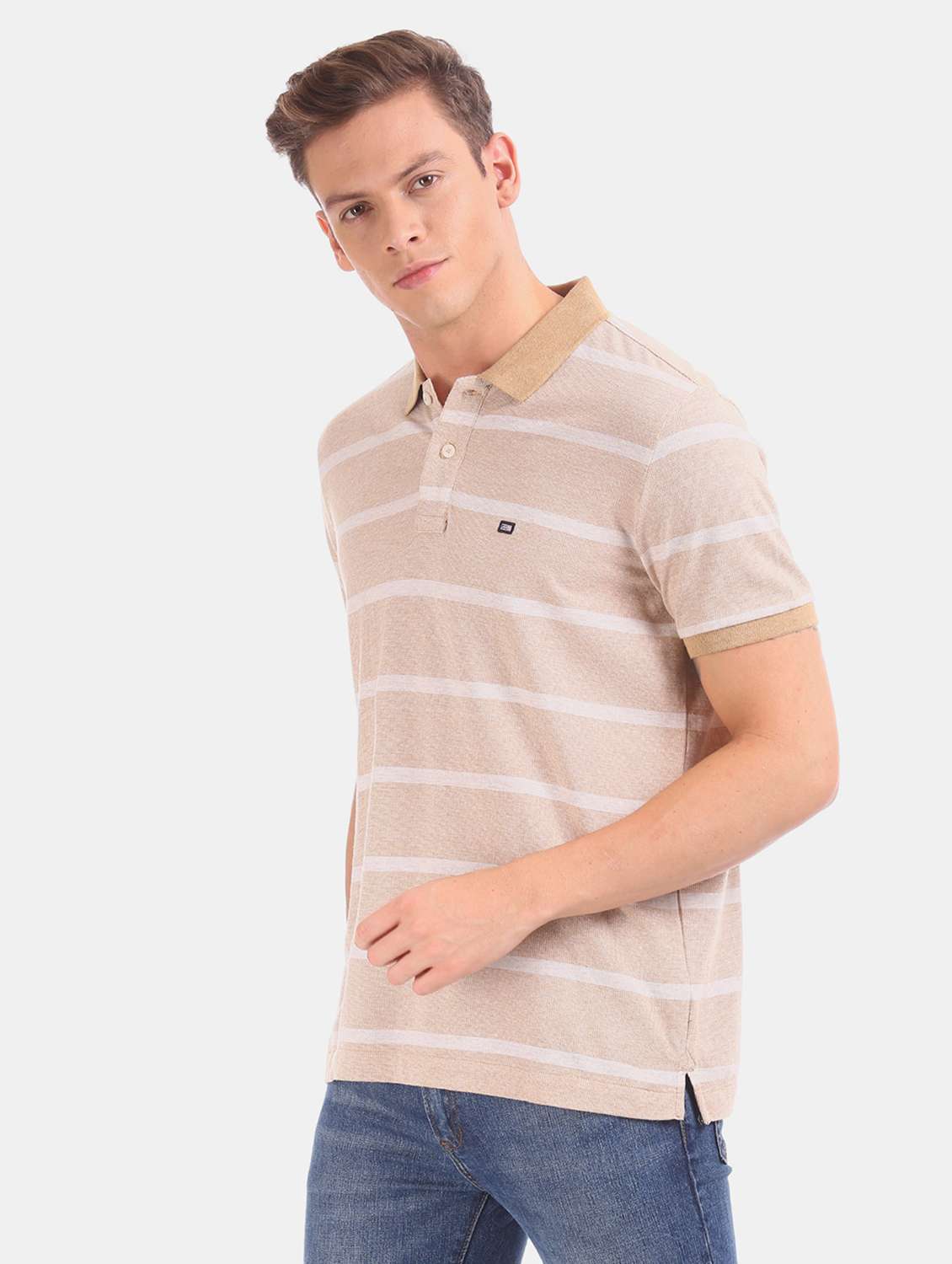 beige striped polo t-shirt