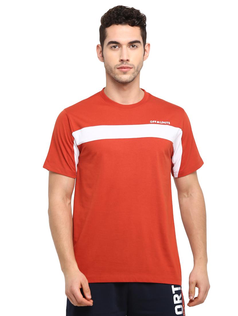 rust color block cut & sew t-shirt - 17632913 -  Zoom Image - 0