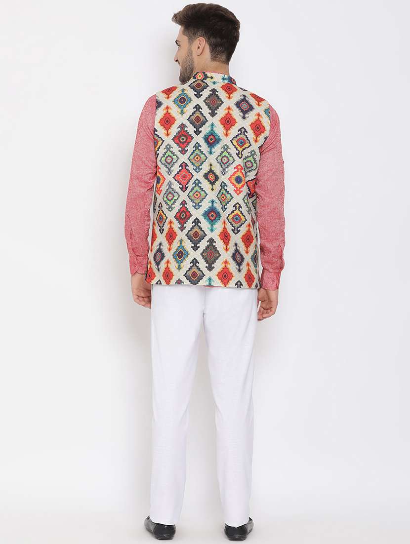 red solid silk blend kurta pant set with printed nehru jacket - 17633373 -  Standard Image - 3