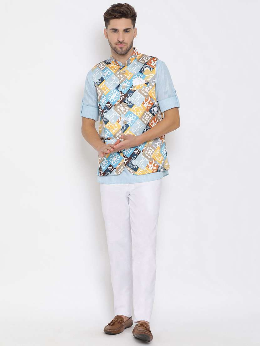 blue solid silk blend kurta pant set with printed nehru jacket - 17633375 - Zoom Image - 0