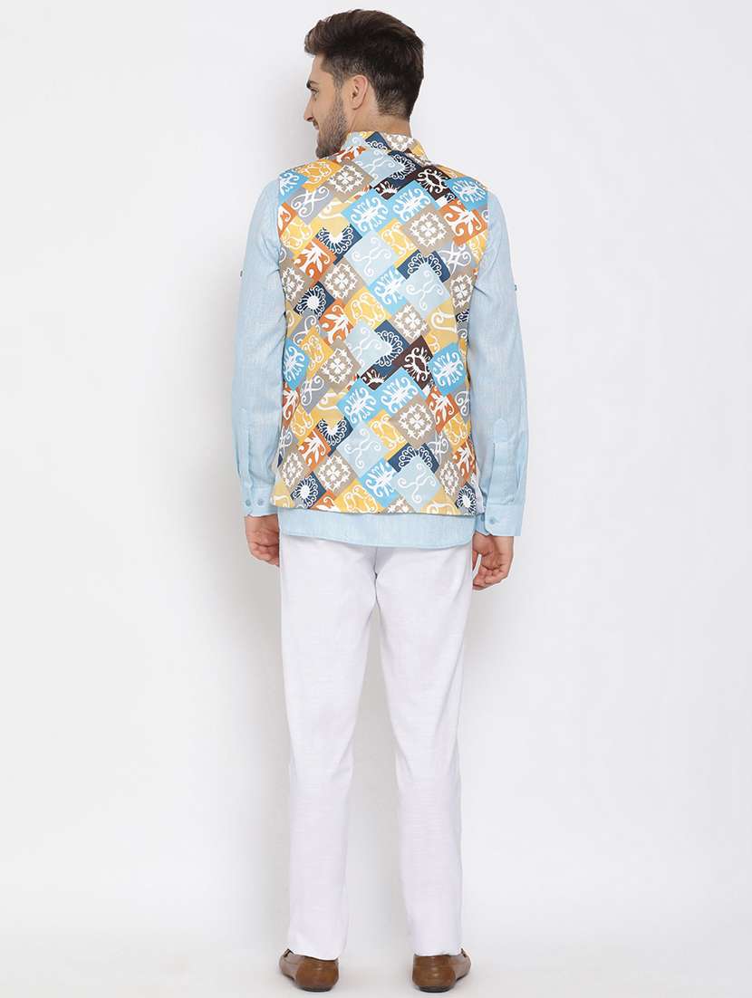 blue solid silk blend kurta pant set with printed nehru jacket - 17633375 - Standard Image - 3