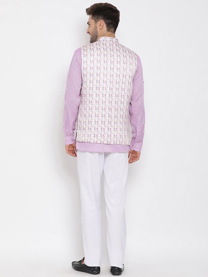purple solid silk blend kurta pant set with printed nehru jacket - 17633377 - Standard Image - 3