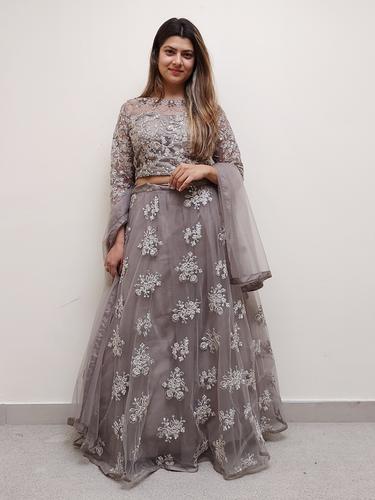 grey embroidered net lehenga set  - 17633823 -  Standard Image - 0