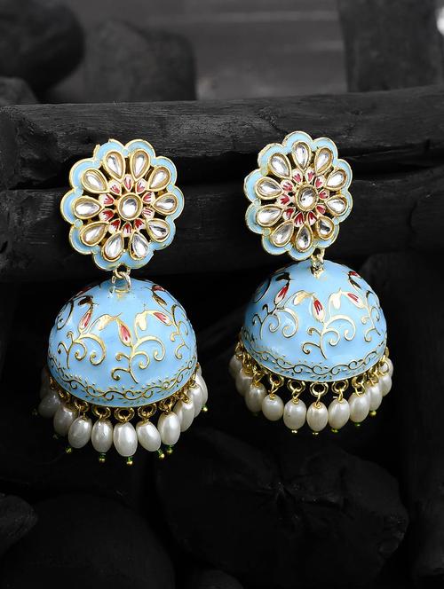 sky blue gold enameling kundan jhumki earrings - 17635699 - Standard Image - 0