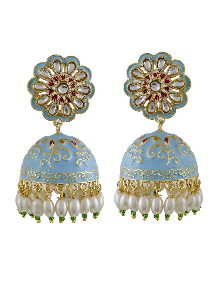 sky blue gold enameling kundan jhumki earrings - 17635699 - Standard Image - 3