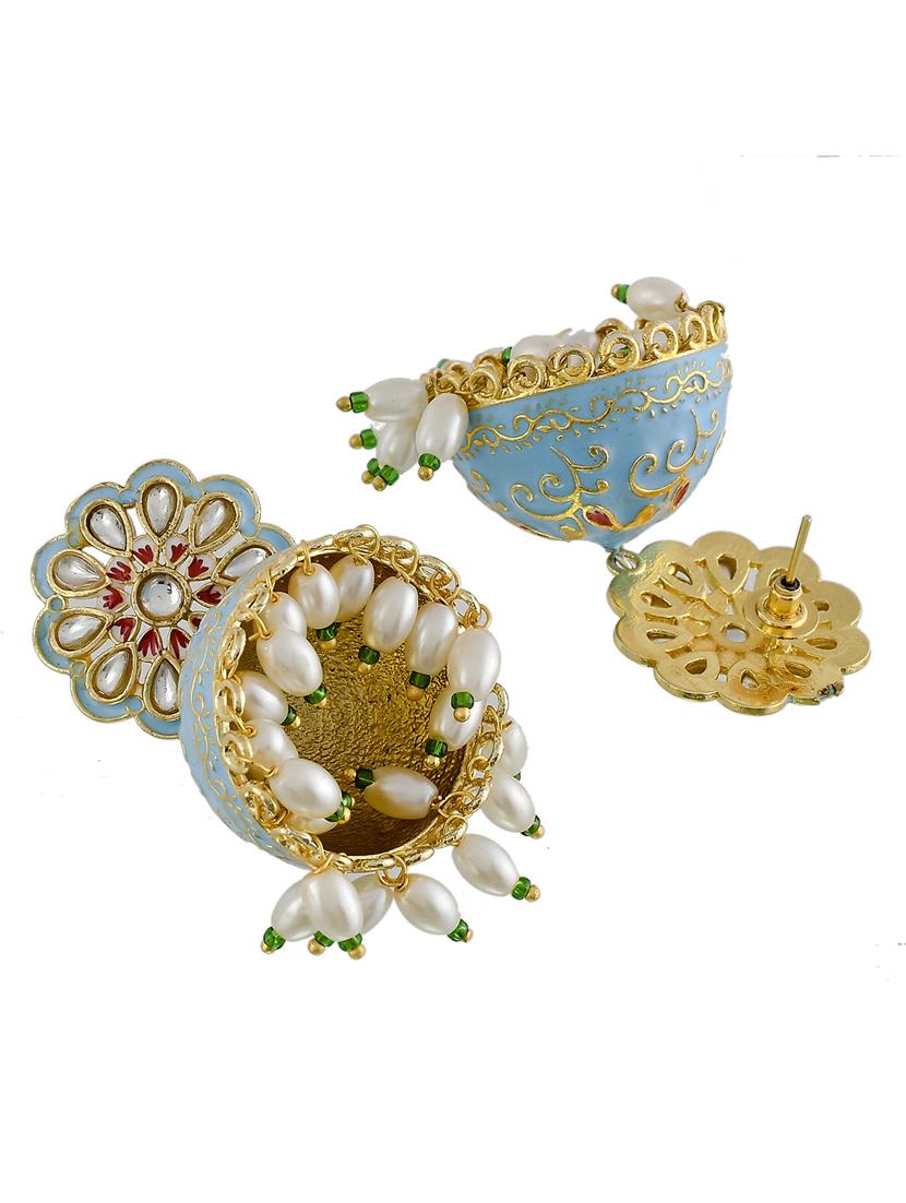 sky blue gold enameling kundan jhumki earrings - 17635699 - Standard Image - 5