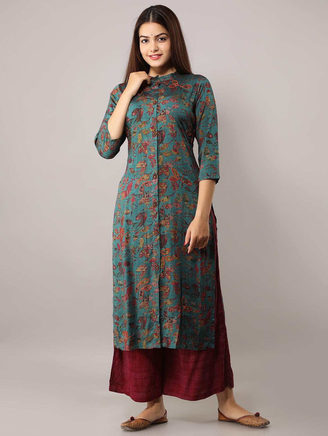 teal rayon kurta palazzo  set - 17640053 -  Zoom Image - 0