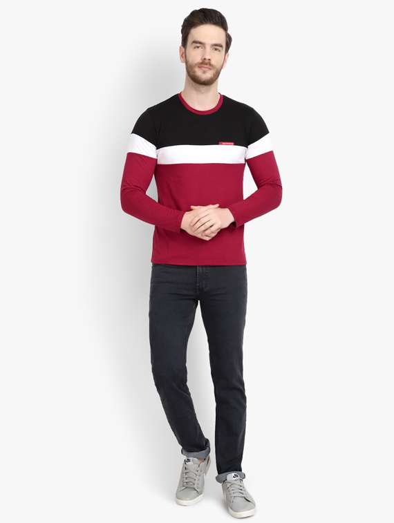 maroon color block cut & sew t-shirt - 17643227 -  Standard Image - 3