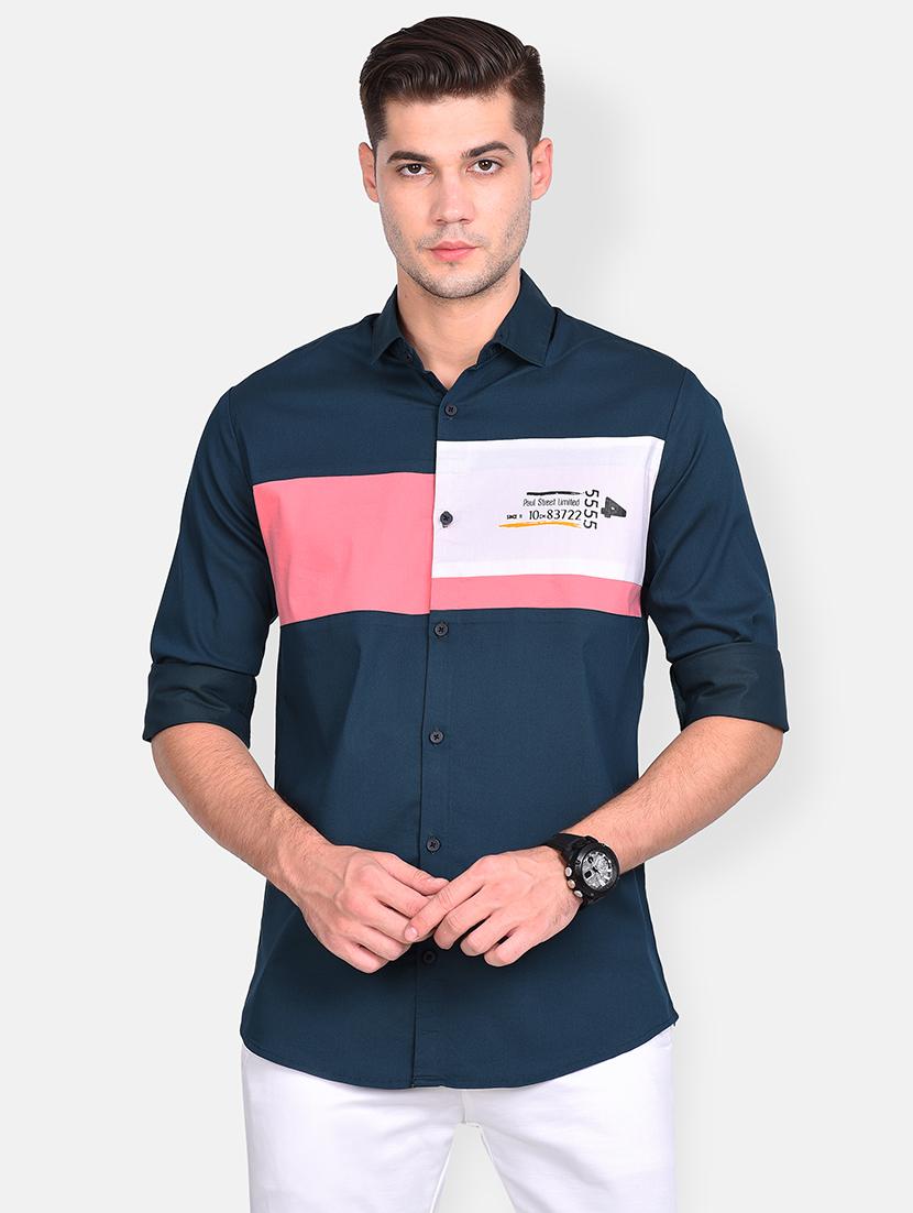 navy blue color block casual shirt - 17646878 - Zoom Image - 0