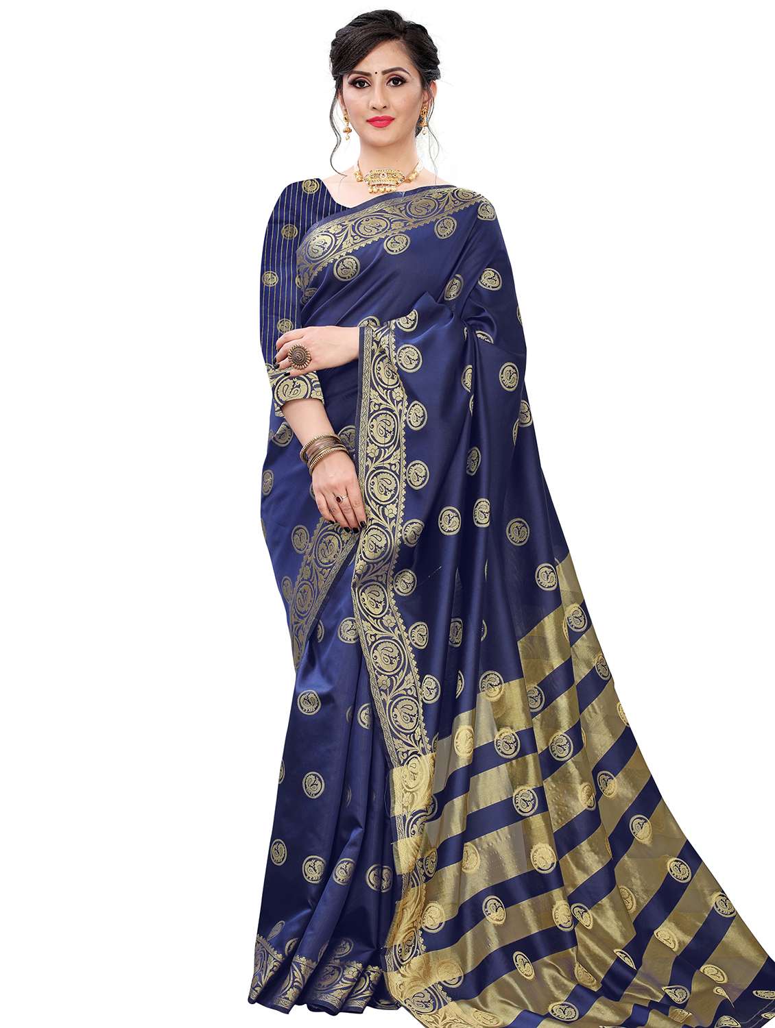 navy cotton blend saree with blouse - 17651270 - Zoom Image - 0