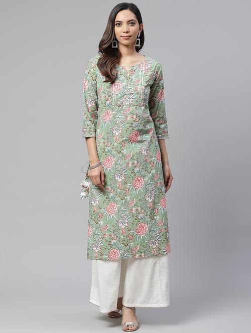green cotton kurta palazzo  set - 17652248 -  Standard Image - 0