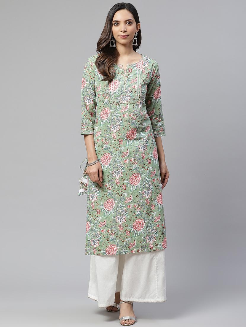 green cotton kurta palazzo  set - 17652248 -  Zoom Image - 0