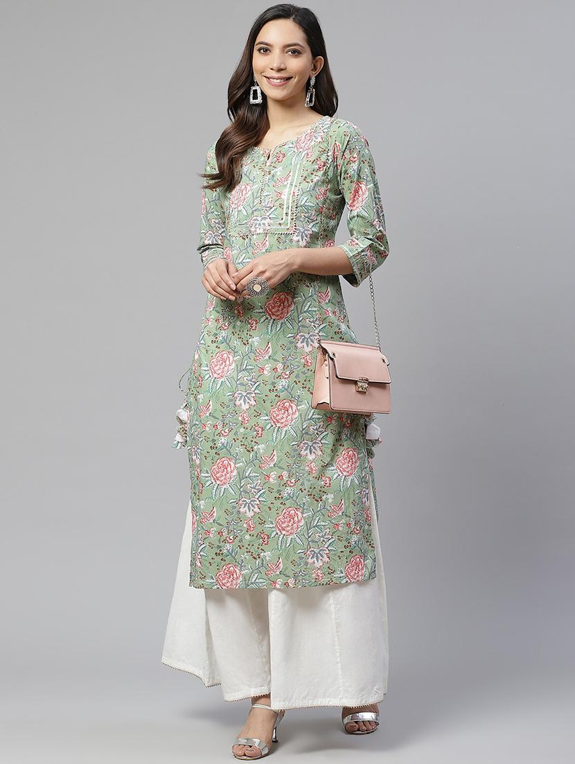 green cotton kurta palazzo set - 17652248 - Standard Image - 3