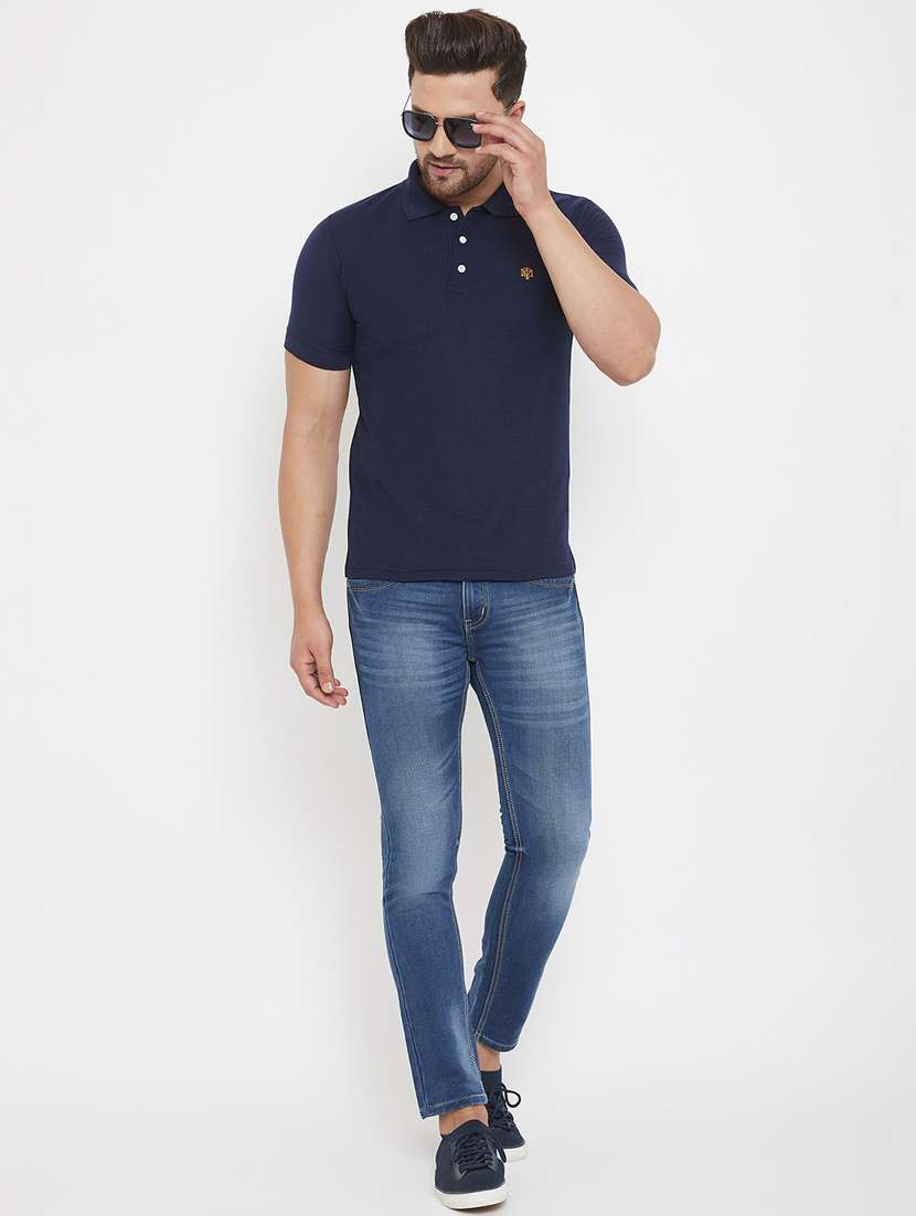 navy blue solid polo neck t-shirt - 17652290 - Standard Image - 3
