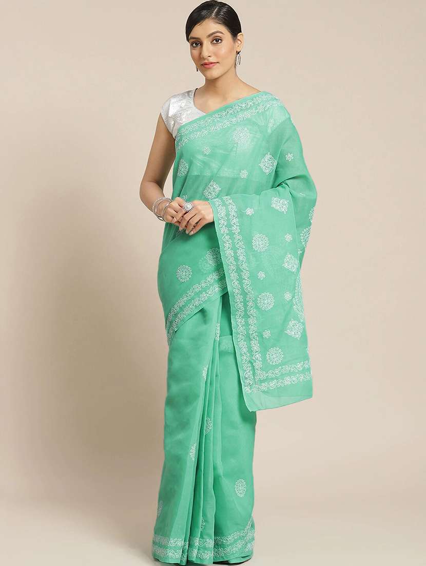 ada hand-embroidered sea green chikankari saree with blouse - 17652336 -  Zoom Image - 0