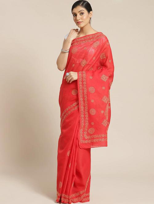 ada hand-embroidered red chikankari saree with blouse - 17652338 - Standard Image - 0