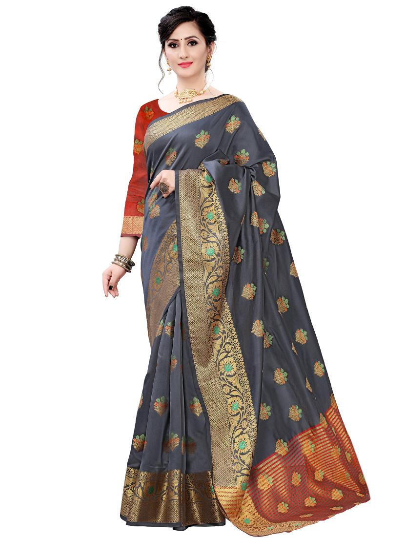 women's self design steel colored saree - 17653084 -  Zoom Image - 0