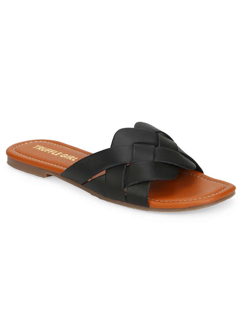 black pu slip on sandals