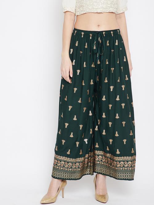green rayon flared palazzo - 17656995 - Standard Image - 0