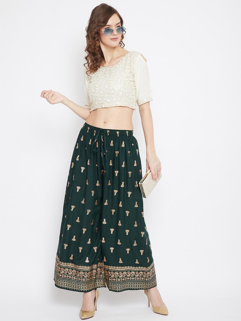 green rayon flared palazzo - 17656995 - Standard Image - 3
