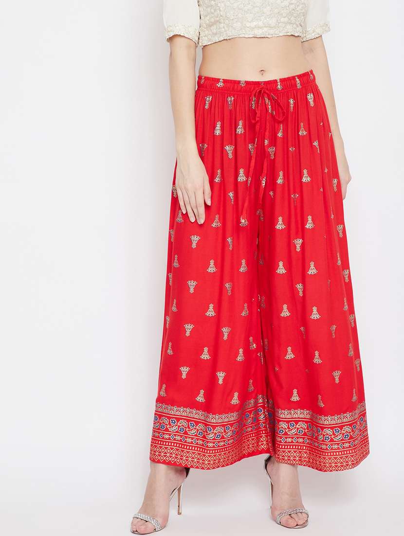 red rayon flared palazzo